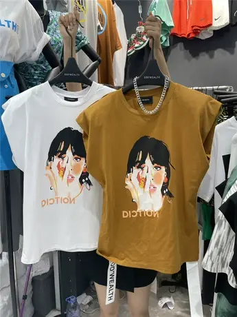 韩国东大门无袖t恤女2021夏季新款人像字母印花宽松垫肩背心上衣图片