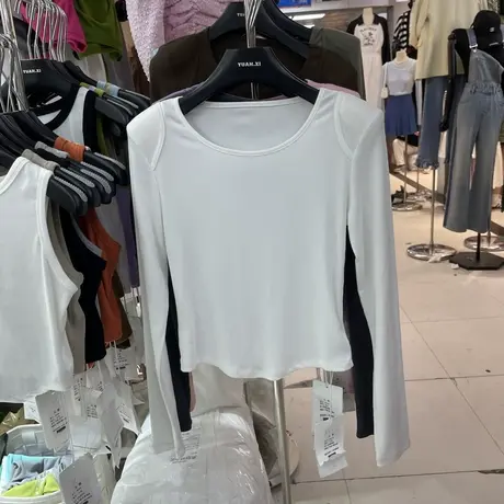 春秋装新款纯色后背镂空小心机简约垫肩弹力修身长袖T恤女打底衫商品大图