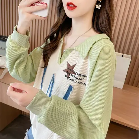 早秋装卫衣女春秋季韩版宽松薄款小个子翻领polo衫华夫格上衣外套商品大图