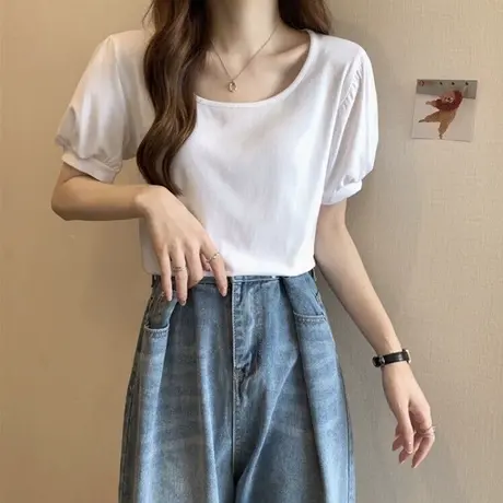 纯棉短袖T恤女2023新款夏季百搭小个子泡泡袖打底衫短款半袖上衣商品大图