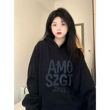 美式复古卫衣女秋冬加绒加厚连帽大码宽松慵懒风oversize潮牌外套图片