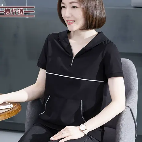 灰色拉链口袋连帽短袖t恤女胖MM上衣夏装2023年新款妈妈体恤半袖商品大图