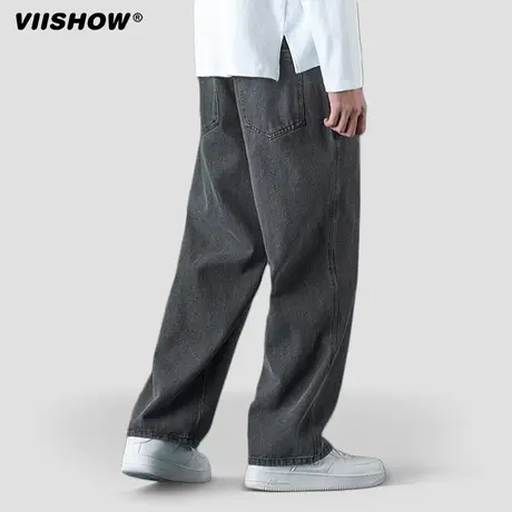 VIISHOW牛仔裤男春秋潮牌夏季美式复古休闲黑色长裤抽绳直筒裤子商品大图