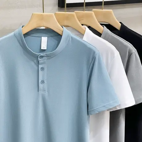 美式丝光棉短袖t恤男polo衫男中华立领半袖体恤上衣文艺亨利领T恤商品大图