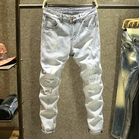 夏季浅色破洞牛仔裤男潮牌修身小脚裤子弹力乞丐水洗韩版潮流薄款商品大图