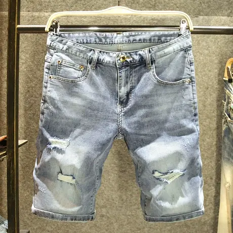 夏季破洞牛仔短裤男款潮牌刮烂直筒五分裤子夏天薄款青年帅气中裤商品大图