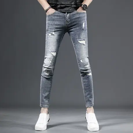 高端破洞九分牛仔裤男修身小脚裤2023新款浅蓝色补丁弹力男士裤子图片