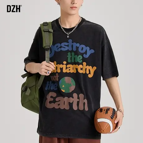 青少年短袖t恤男夏季宽松字母印花上衣纯棉半袖2023新款灰色体恤商品大图