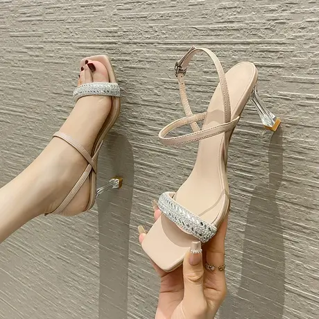 法式名媛露趾凉鞋女2023年夏季新款性感方头水钻一字带细跟高跟鞋商品大图