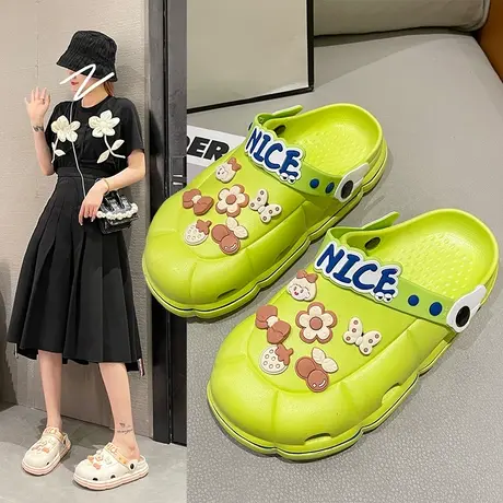 公主花朵洞洞鞋女夏季可爱踩屎感厚底凉鞋包头沙滩防滑外穿半拖鞋商品大图