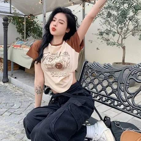 大码美式复古短袖t恤女装夏季新款胖mm修身显瘦短款辣妹上衣200斤图片