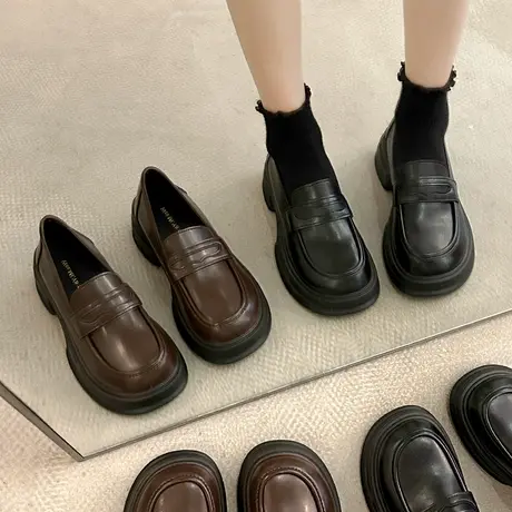 圆头百搭复古黑色厚底小皮鞋女2024年新款春季法式一脚蹬乐福鞋商品大图