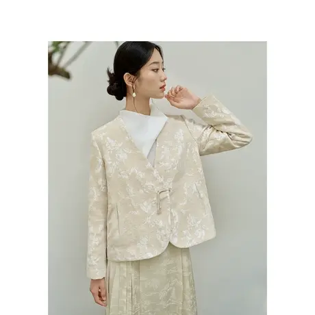 国色新中式艺术感提花外套2023秋女装新款V领长袖微宽松上衣图片