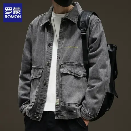 罗蒙牛仔外套男春秋款新款潮流复古翻领宽松上衣服休闲工装夹克男图片