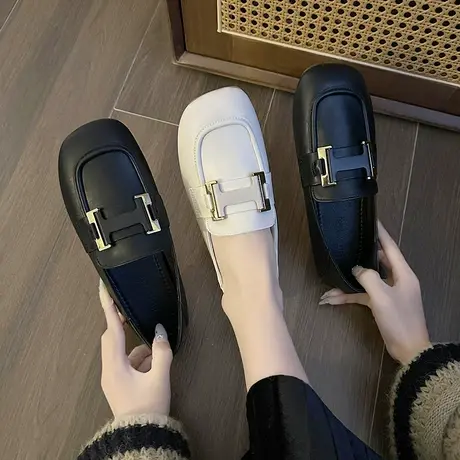 乐福鞋女024年春季新款小众设计感通勤单鞋平底一脚蹬英伦小皮鞋图片