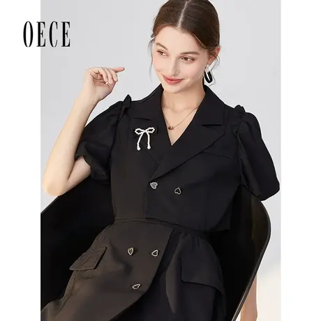 Oece夏装新款女装可盐可甜复古西装领蝴蝶结泡泡袖上衣图片