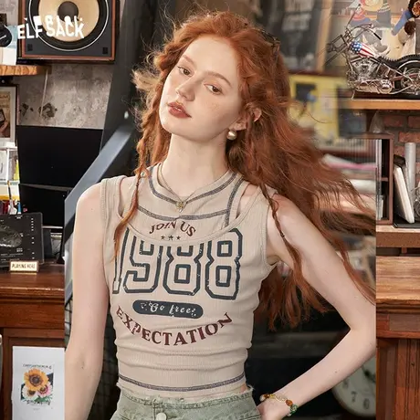 妖精的口袋假两件吊带背心女2023秋季新款美式复古修身显瘦上衣潮图片