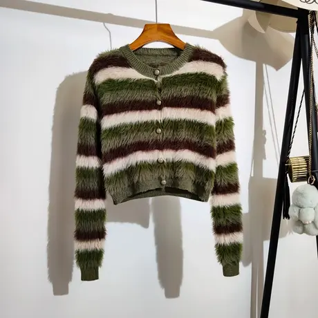 马海毛毛衣开衫外套女秋冬新款宽松圆领修身显瘦短款长袖针织上衣商品大图