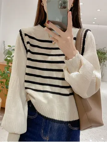 2023春季假两件泡泡袖针织衫女装木耳条纹拼接设计感法式长袖上衣商品大图