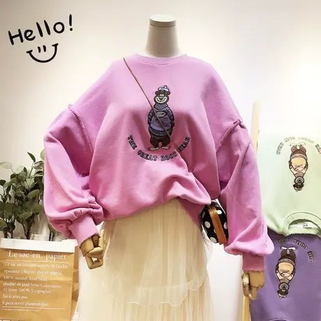 2020早春款韩国东大门ins甜美小熊荷叶袖卫衣宽松大码闺蜜姐妹装图片