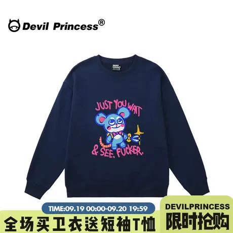 2023新款藏蓝色无帽卫衣女宽松大版卡通印花显白无性别穿搭上衣潮商品大图