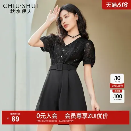 秋水伊人奥莱法式性感蕾丝连体裤2025夏季女装黑色泡泡袖收腰裤子图片