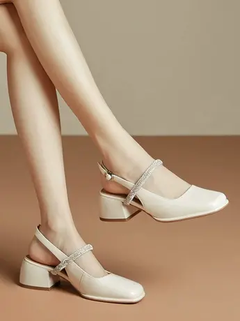 方头浅口后空一字扣带女2023夏新款手工女鞋中跟粗跟简约百搭凉鞋商品大图