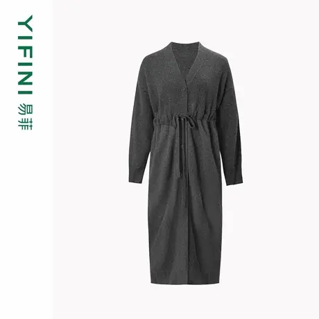 [专柜同款]Yifini/易菲V领长袖针织衫女时尚百搭保暖毛衣长款外套图片