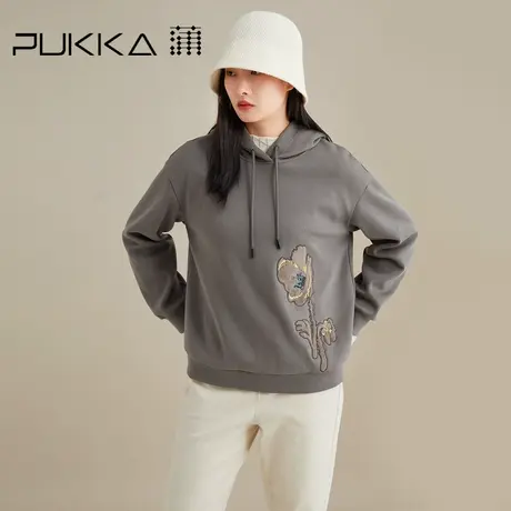 蒲PUKKA 卫衣2022新款女棉针织连帽卫衣外套宽松短款灰色上衣图片