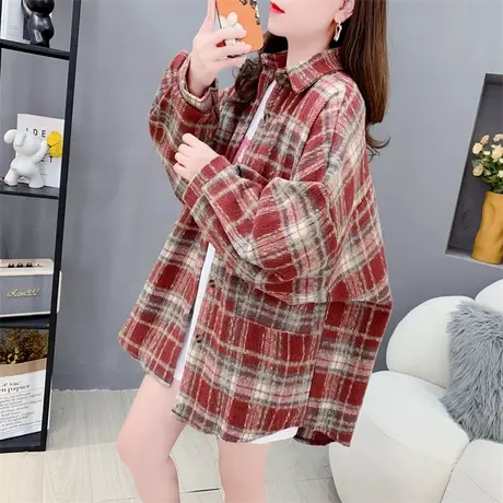 加厚磨毛格子衬衫女秋季2023年新款韩版宽松休闲百搭长袖衬衣外套图片