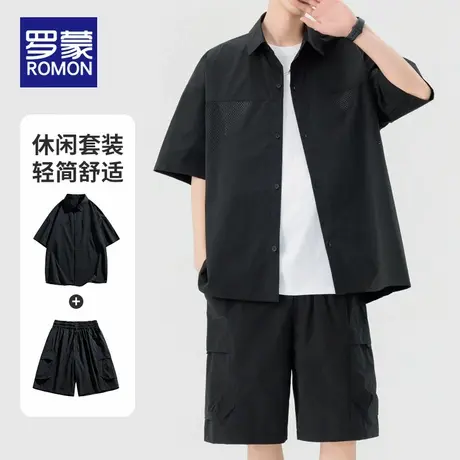 罗蒙夏季男士休闲套装2025新款短袖衬衫休闲短裤男款潮流两件套男图片