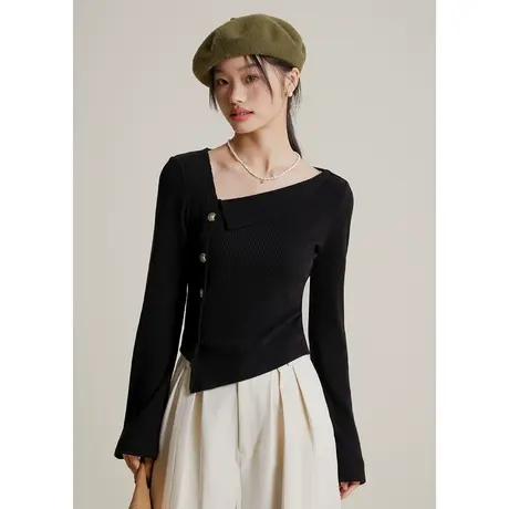 弥古黑色长袖t恤法式斜肩上衣女小众设计感秋季不规则针织打底衫图片