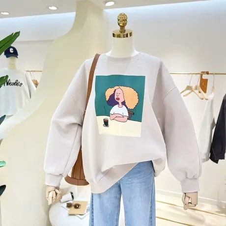 复古卡通人像印花宽松大码2023春秋遮臀圆领套头卫衣女外套单穿潮商品大图