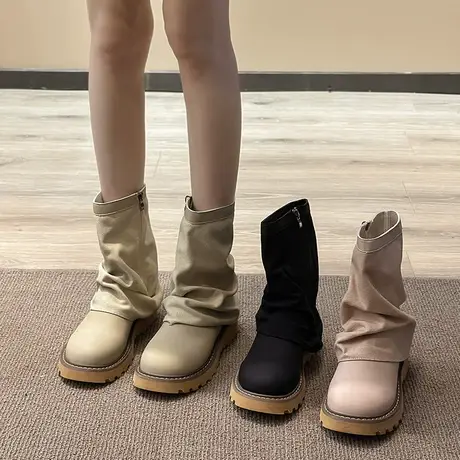 永希百搭复古马丁靴女款夏季2023年新款厚底设计感小众裤管靴短靴图片