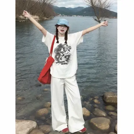 美式高街白色短袖t恤女2025新款夏季设计感纯棉重磅宽松半袖上衣图片