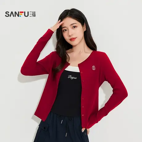 三福女秋季BM风学院开衫单衣 美高徽章刺绣长袖上衣507225商品大图