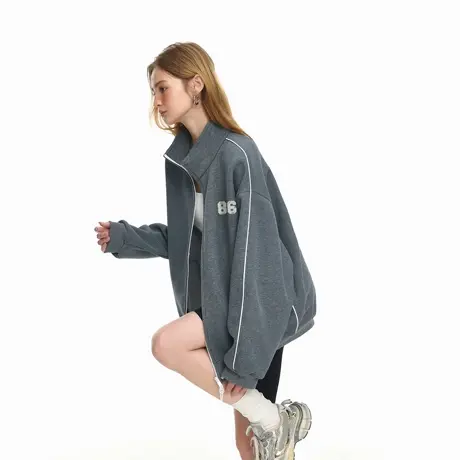 美式复古拼接拉链开衫立领卫衣女春秋新款运动休闲情侣款外套上衣商品大图