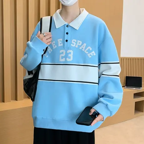 翻领POLO衫男生青年学生时尚休闲长袖T恤韩版潮流个性印花打底衫商品大图
