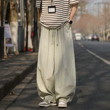 杏色弯刀亚麻裤男夏季薄款宽松直筒慵懒风休闲裤潮牌阔腿棉麻裤子商品大图