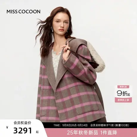 MISSCOCOON可可尼格子翻领毛呢外套女2025冬新款双面呢绵羊毛大衣商品大图