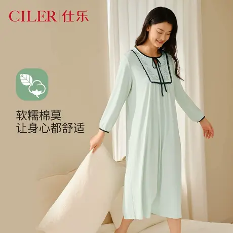 仕乐春秋款棉莫长袖睡裙女长款睡衣甜美公主风蝴蝶结家居裙中长裙商品大图