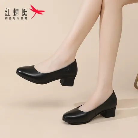 红蜻蜓女单鞋2025春季一脚蹬粗跟真皮软底不累脚工作通勤妈妈皮鞋商品大图