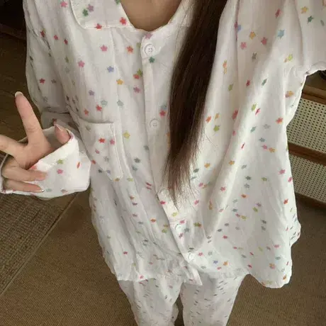 新款七彩小星星全棉双层纱布长袖长裤翻领套装可爱休闲家居服商品大图