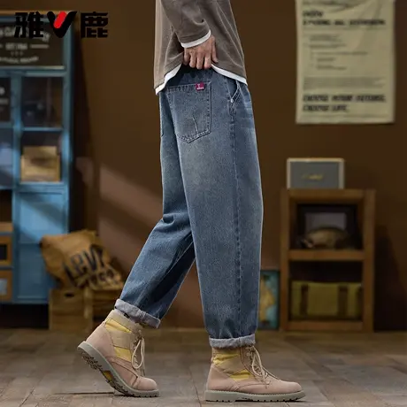 雅鹿2026春季新款高街美式宽松磨白牛仔裤男显高显瘦垂感时尚长裤图片