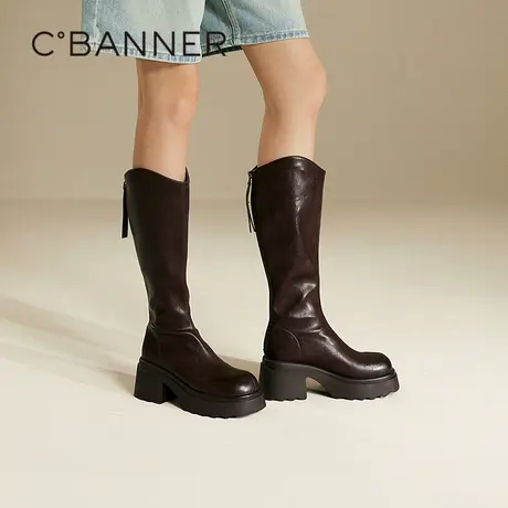 千百度厚底手抓皮骑士靴女冬季新款增高瘦瘦靴粗跟显瘦长靴图片