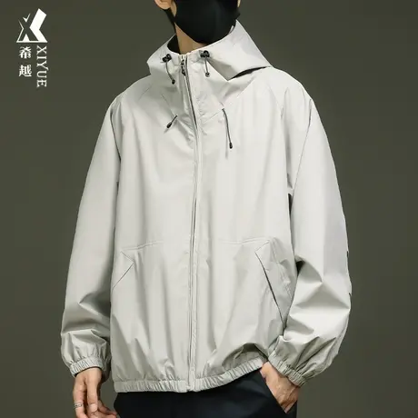 希越防水梭织连帽夹克外套冲锋衣男士春秋季户外工装日系纯色风衣商品大图