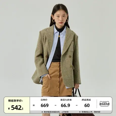 omont蛋挞家 复古全羊毛人字纹西装外套女2023冬季新宽松休闲西服商品大图