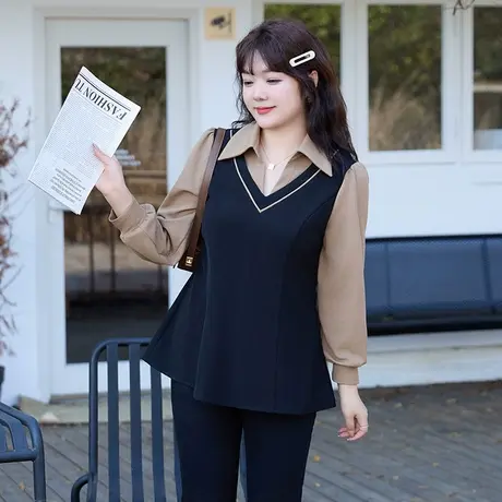 2023秋装新款翻领气质小衫拼接假两件收腰显瘦大码胖MM长袖上衣女图片