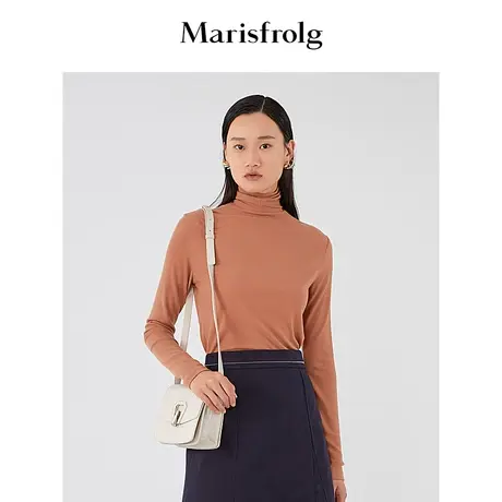 【都市通勤】玛丝菲尔2023年冬季新款咖色高领弹力修身T恤打底衫图片