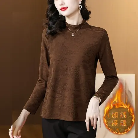 秋冬新款长袖T恤女宽松大码女装中年妈妈加绒保暖半高领提花上衣商品大图